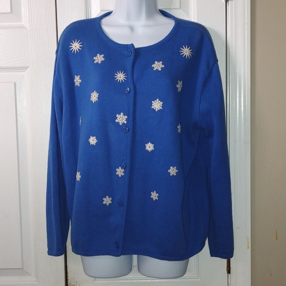 Tia Designs blue cardigan embroidered white snowflakes  winter snow  Sz L